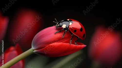A vibrant ladybug perched on a red tulip, surrounded by lush floral blooms in a serene garden setting