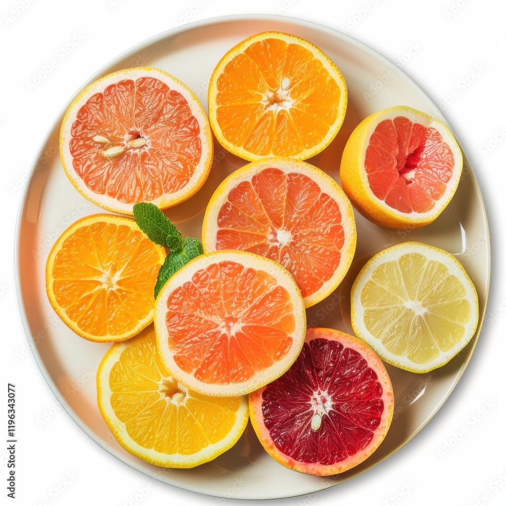 A plate of assorted citrus fruits including oranges and grapefruits, isolated white background, modern art style A plate of assorted citrus fruits including oranges and grapefruits, isolated white background, modern art style