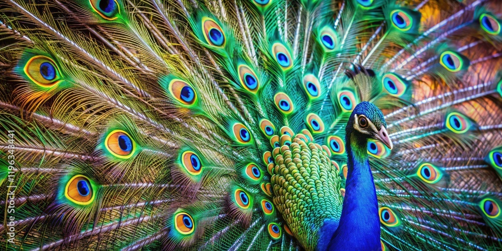 Obraz premium Vibrant peacock feather close-up showcases exquisite plumage detail in stunning exotic bird macro photography.