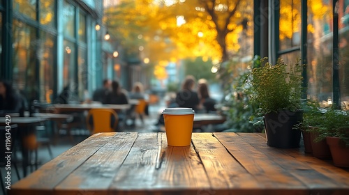 Yellow coffee cup on rustic wooden table at outdoor cafe, autumn. photo