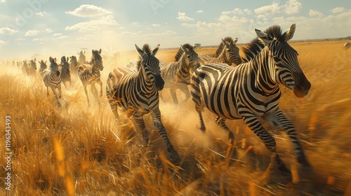 A herd of zebras running through the savanna