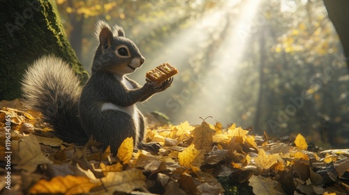 Cute squirrel holding a honey treat in autumn forest. photo