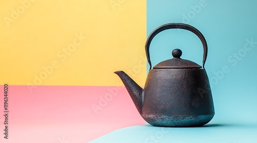 A hollow plastic tube with antique iron kettle isolated on a colorful background