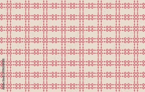 Crimson Cross Stitch Elegance :minimalistic pattern inspired by traditional cross-stitch embroidery, showcasing symmetrical red motifs arranged in a grid on a soft beige background.  
