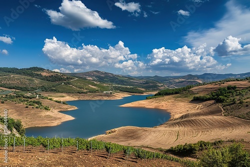 Sun-kissed Vineyards: A Breathtaking Wine Country Landscape sky farm rows calm hills rural field     photo