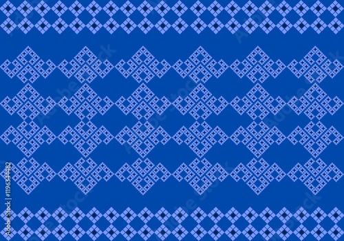 Azure Pixel Weave : striking geometric pattern with intricate pixel-like motifs in lavender on a bold azure blue background. ideal for wallpapers, textile applications, and contemporary art projects

