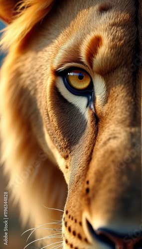 Lion intense eye close-up wildlife photography for creative designs branding storytelling conservation educational campaigns and themes photo