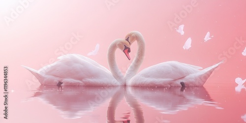 Fototapeta Naklejka Na Ścianę i Meble -  Two swans in love, pink background, water reflection, dreamy lighting.