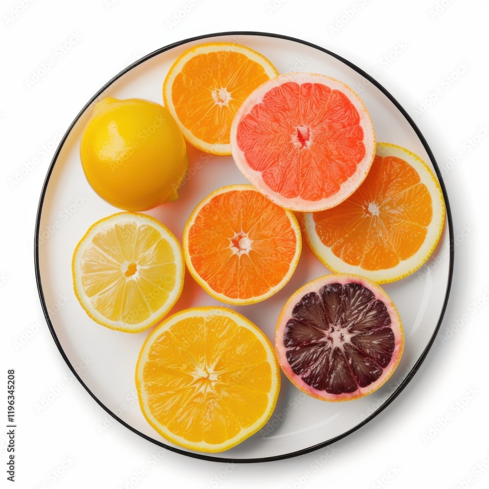 A plate of assorted citrus fruits including oranges and grapefruits, isolated white background, modern art style A plate of assorted citrus fruits including oranges and grapefruits, isolated white background, modern art style