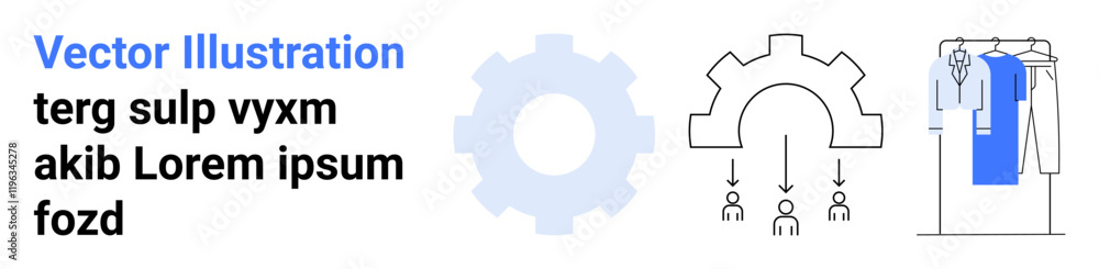 Gear symbol with connecting elements, team workflow diagram, and clothing rack. Ideal for business processes, team management, workflow integration, marketing, system design, clothing organization Gear symbol with connecting elements, team workflow diagram, and clothing rack. Ideal for business processes, team management, workflow integration, marketing, system design, clothing organization