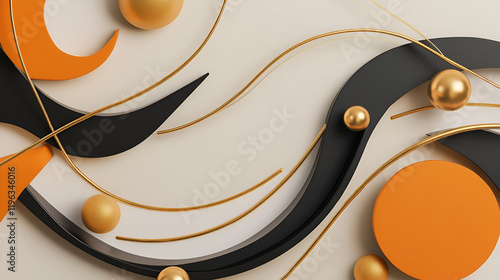 A modern wall art canvas frame with golden, black, and orange shapes, as well as golden lines and spheres. 3D illustration for interior walls and interior decoration. photo