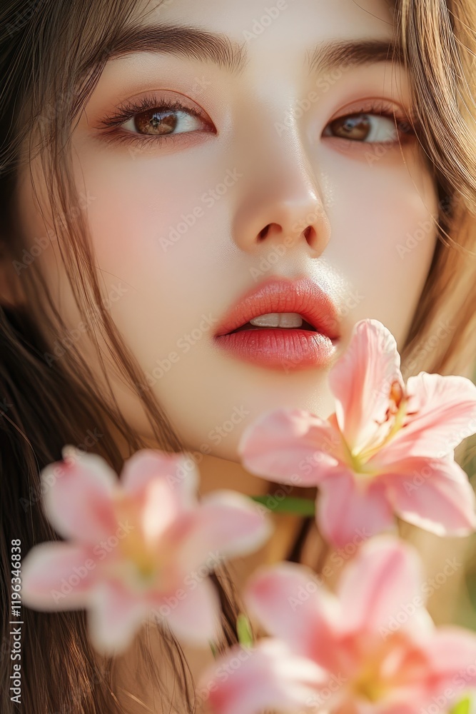 Korean-style makeup, a long-haired model with flowers in her hand, a beige background, delicate skin texture Korean-style makeup, a long-haired model with flowers in her hand, a beige background, delicate skin texture