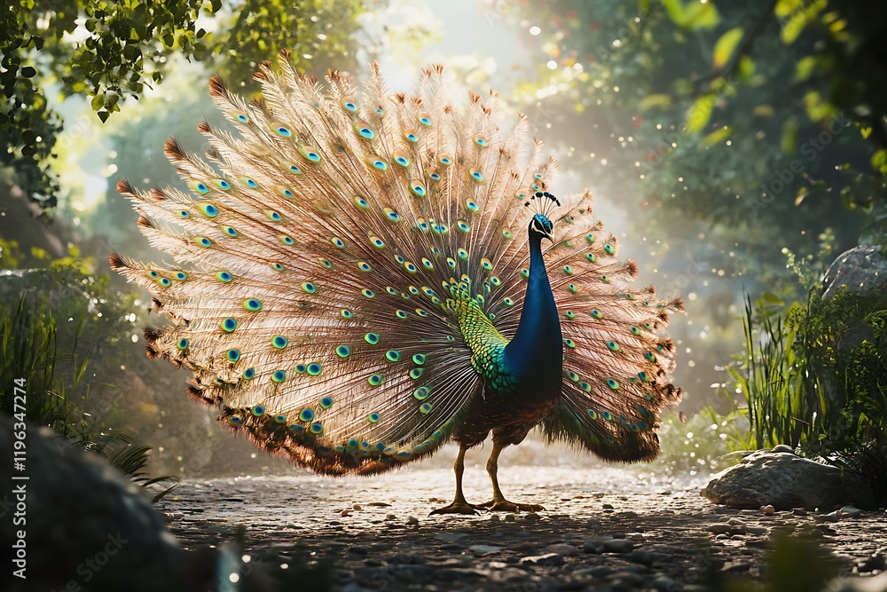 Obraz premium Majestic Peacock in a Sunlit Garden: A Breathtaking Display of Nature's Beauty