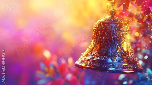 A metallic christmas bell with a shimmering light filigree set against a vibrant backdrop