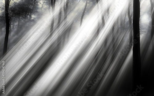 Sunbeams slicing through a misty forest.