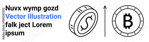 Coins with dollar and Bitcoin symbols side by side, including upward arrow, indicating growth and change in financial landscape. Ideal for fintech, investment, blockchain, finance, technology