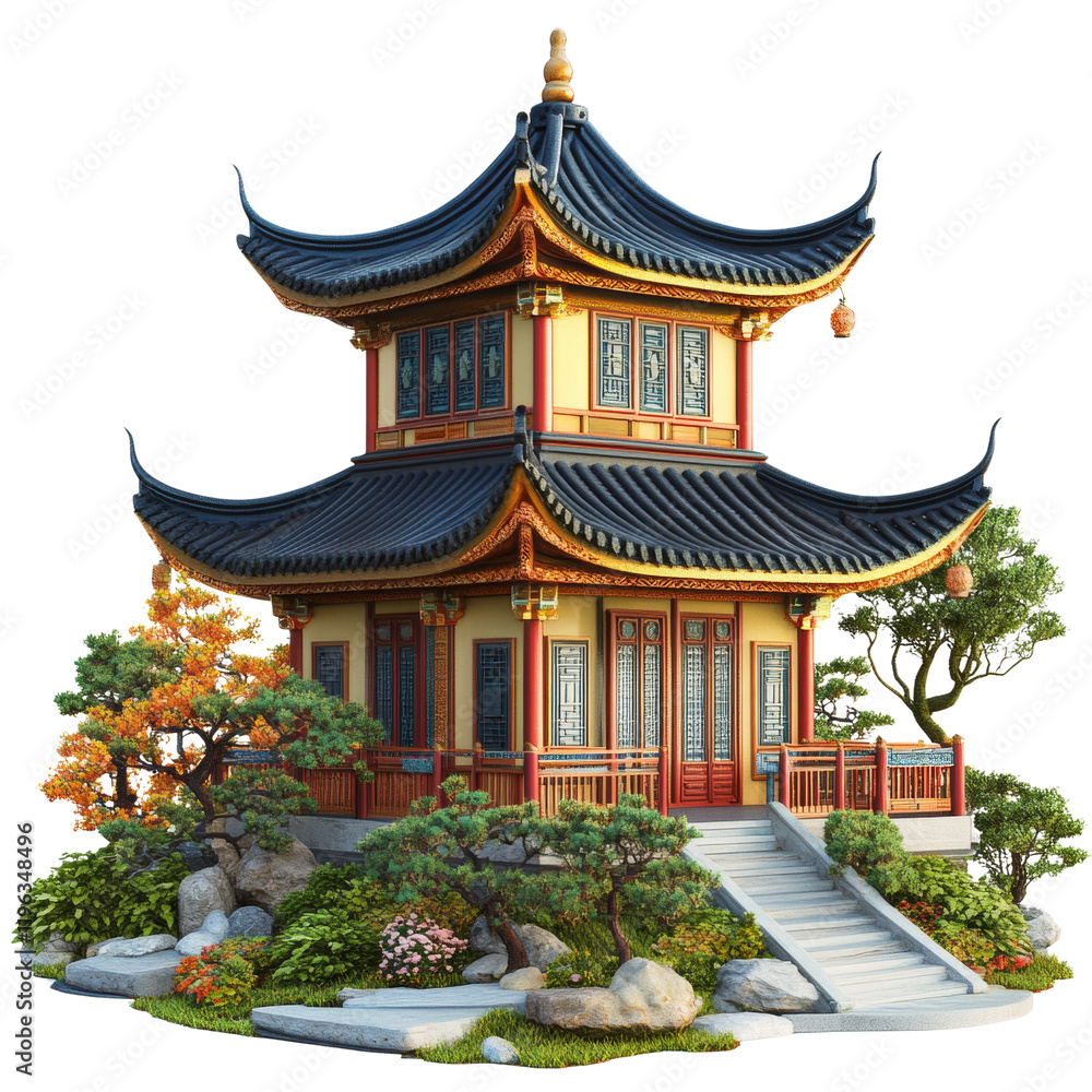 A meticulously detailed 3D rendering of a traditional red Chinese pavilion situated within a tranquil garden setting. A meticulously detailed 3D rendering of a traditional red Chinese pavilion situated within a tranquil garden setting.