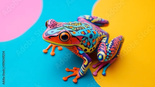 A painted wooden frog with vibrant patterns isolated on a colorful background photo