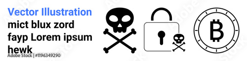 Skull and crossbones, secure lock, and Bitcoin symbol. Ideal for cybersecurity, digital piracy, hacking threats, online privacy, blockchain security, cryptocurrency theft, digital warnings. Landing