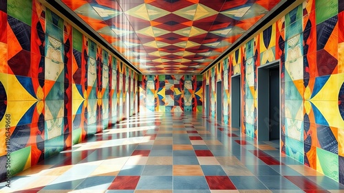Modern and vibrant geometric floor tiles creating an illusion of depth and perspective  interior design  abstract  colorful