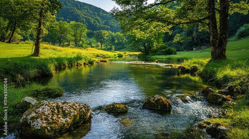 Serene River in Lush Green Valley: A Tranquil Nature Escape Serene River in Lush Green Valley: A Tranquil Nature Escape