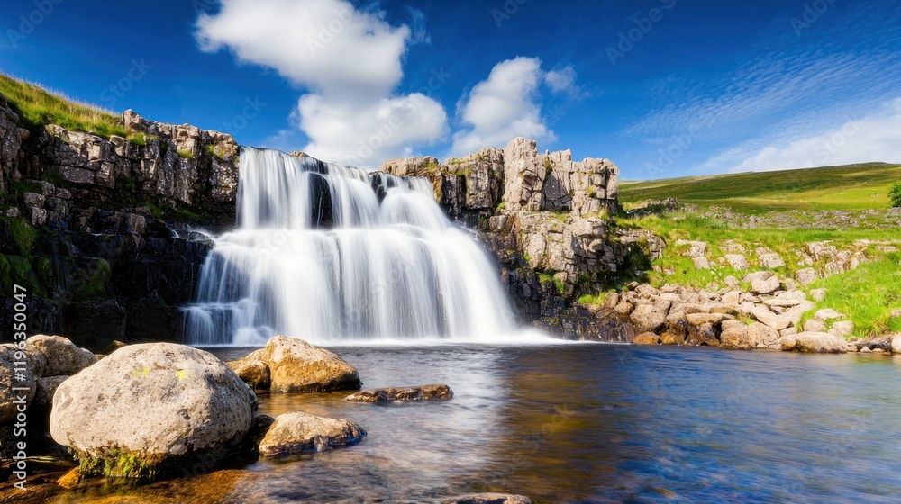 Fototapeta premium Scenic waterfall cascading into a serene pool under a blue sky.