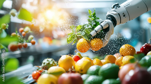 Fototapeta Naklejka Na Ścianę i Meble -  robotic arm sorting fresh fruits in vibrant market setting, showcasing technology and nature bounty. scene captures harmony between automation and agriculture