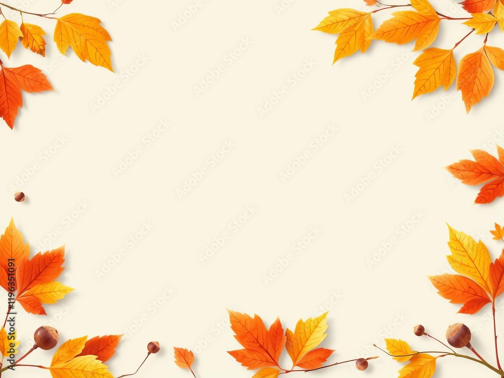 Orange autumn leaves and acorns create a beautiful seasonal border around a light pastel background with a text area in the center, leaves, autumn, sides Orange autumn leaves and acorns create a beautiful seasonal border around a light pastel background with a text area in the center, leaves, autumn, sides