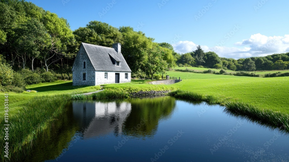 Obraz premium Tranquil countryside scene with a cottage by a reflective pond.