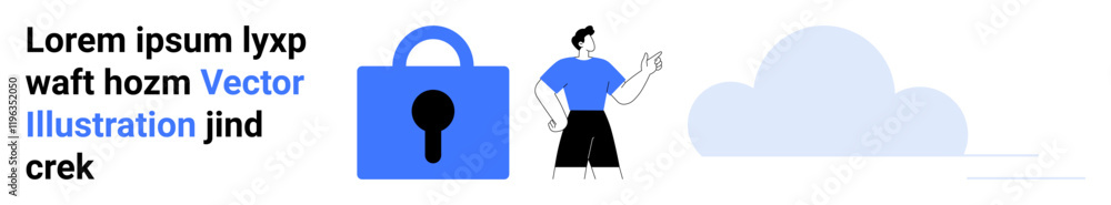 Large blue padlock, person gesturing with a text bubble, and a cloud symbol. Ideal for cybersecurity, data protection, online privacy, informational banners, website design, tech services, cloud Large blue padlock, person gesturing with a text bubble, and a cloud symbol. Ideal for cybersecurity, data protection, online privacy, informational banners, website design, tech services, cloud