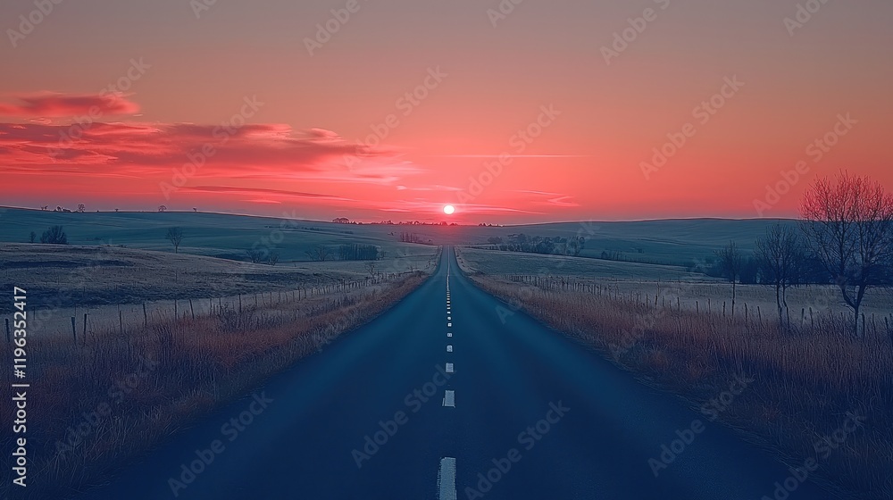 An empty countryside road at twilight. An empty countryside road at twilight.