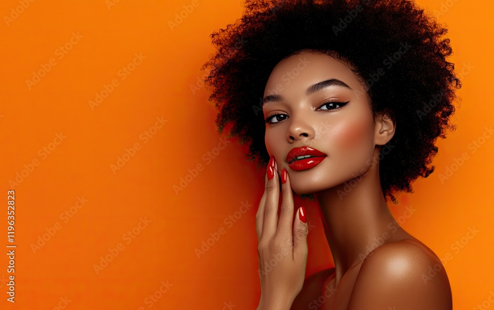 a woman with red lipstick and nails, holding her hand to the side on an orange background for beauty advertising a woman with red lipstick and nails, holding her hand to the side on an orange background for beauty advertising