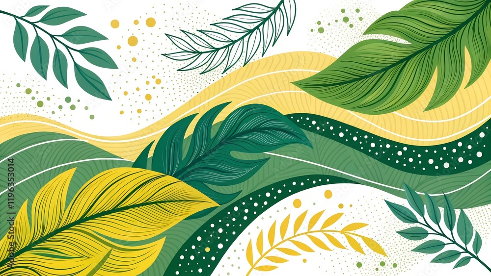 Fototapeta premium Dynamic green and yellow leaf patterns, blending abstract shapes with modern textures; ideal for nature-inspired eco-friendly designs