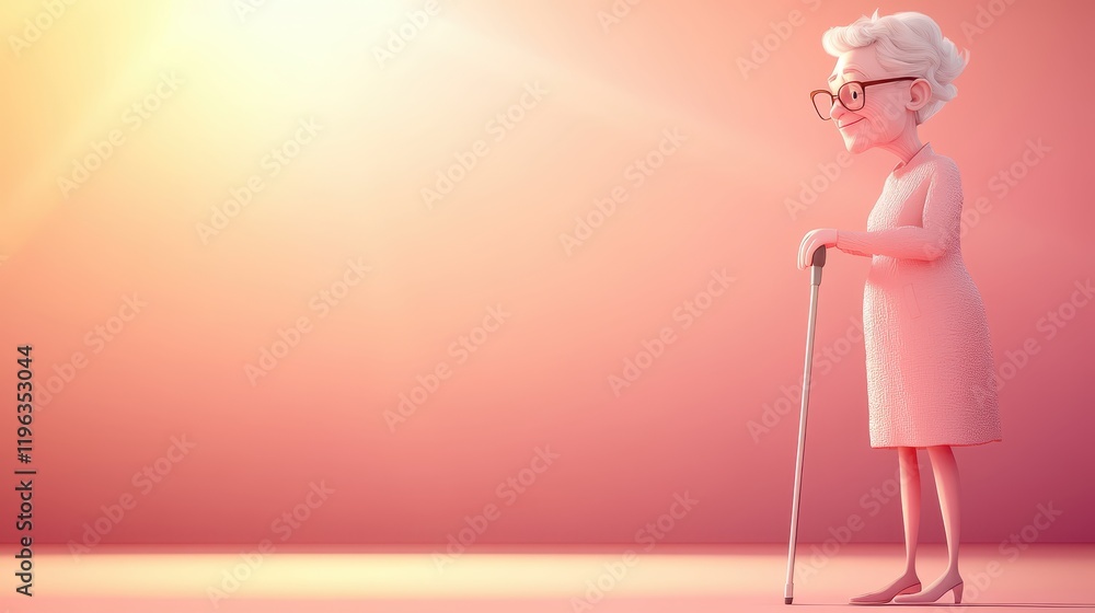Fototapeta premium Elegant woman in pink dress, glasses, and cane, portrait of confidence style.