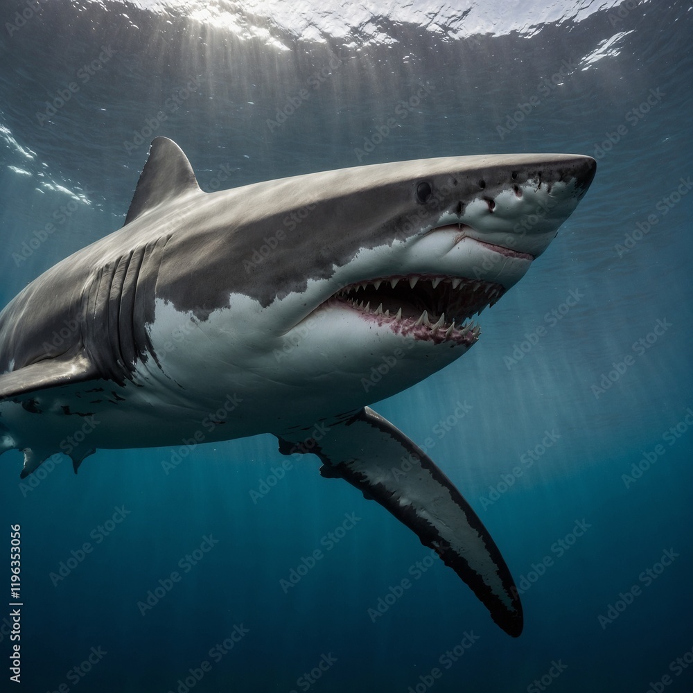 Naklejka premium A great white shark with its head tilted slightly, showcasing its gills and streamlined form, on white.