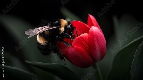 Close-up of a bumblebee pollinating a vibrant red tulip in a lush garden setting