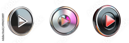 A Set of Sleek 3D Video Player with Play Button for Interactive Display Isolated on transparent Background