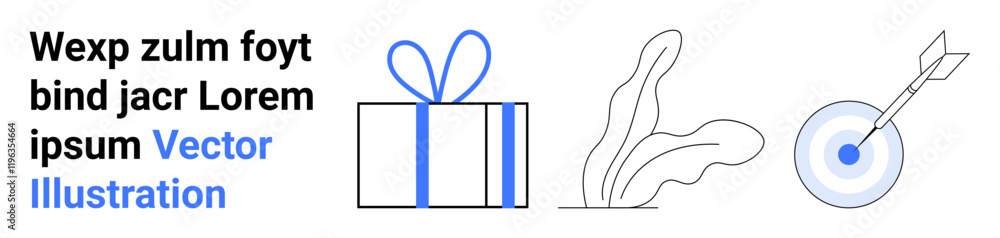 Gift box with ribbon, abstract leaves, and target with arrow hitting the center. Ideal for marketing, success, strategy, goals, achievement gifts holidays. Landing page Gift box with ribbon, abstract leaves, and target with arrow hitting the center. Ideal for marketing, success, strategy, goals, achievement gifts holidays. Landing page