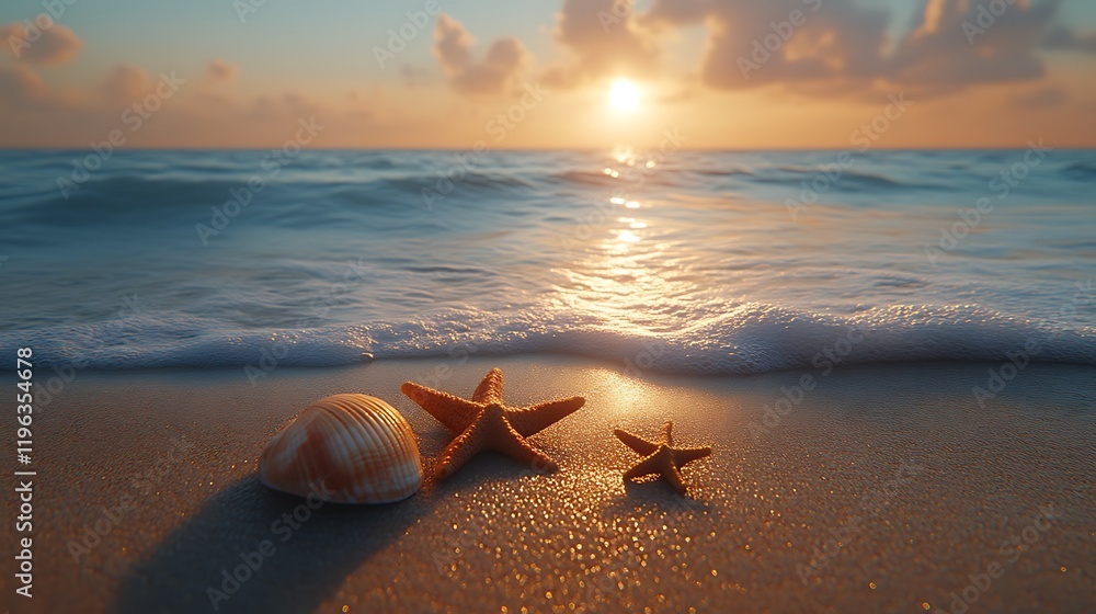 Seashells and starfish on beach at sunset. Seashells and starfish on beach at sunset.