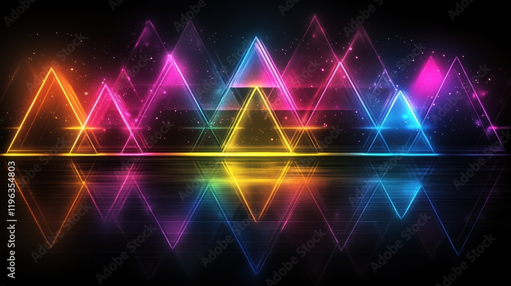 3D background featuring glowing neon triangles on a dark reflective surface 3D background featuring glowing neon triangles on a dark reflective surface