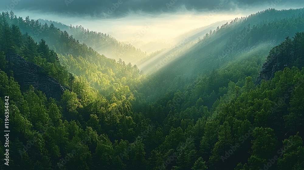 Obraz premium A dense forest covering steep mountain slopes, with sunlight breaking through the canopy and creating dappled patterns on the ground. The sky above is bright and clear.