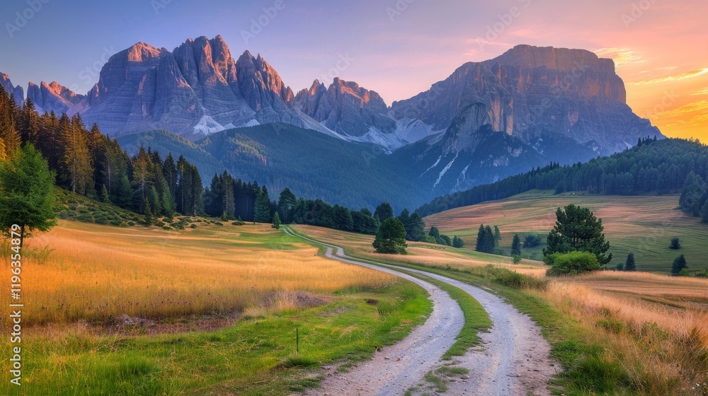 Dirt Path Through Alpine Meadow Leading to Majestic Mountain Peaks at Sunset in Dolomites Italy Dirt Path Through Alpine Meadow Leading to Majestic Mountain Peaks at Sunset in Dolomites Italy