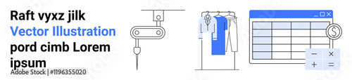 Automated cutting machine, hanging garments on a rack, spreadsheet software interface with currency symbol, and calculator buttons. Ideal for apparel production, automation, manufacturing, data