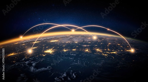 Global network connections shown as glowing lines above Earth at night.