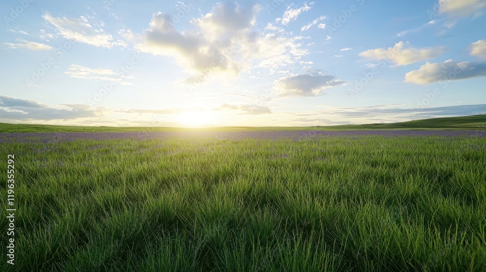 Obraz premium Serene landscape with grass and purple flowers under a sunset sky.