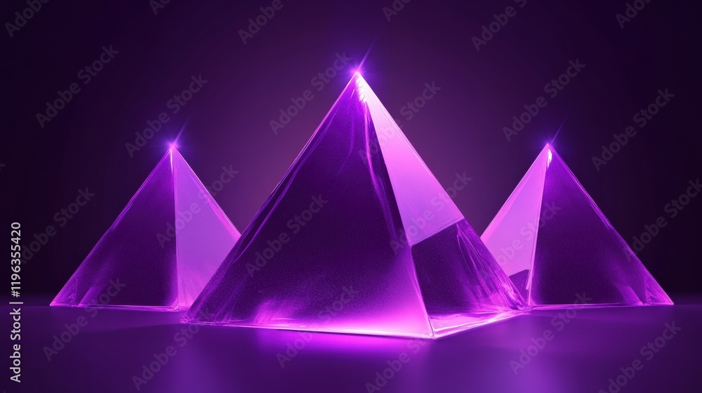 3D background with geometric pyramid shapes glowing in neon purple light 3D background with geometric pyramid shapes glowing in neon purple light