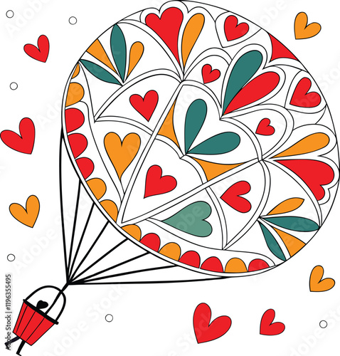 A whimsical, colorful hot air balloon, decorated with intricate heart patterns in red, orange, and teal, ascends against a white background.