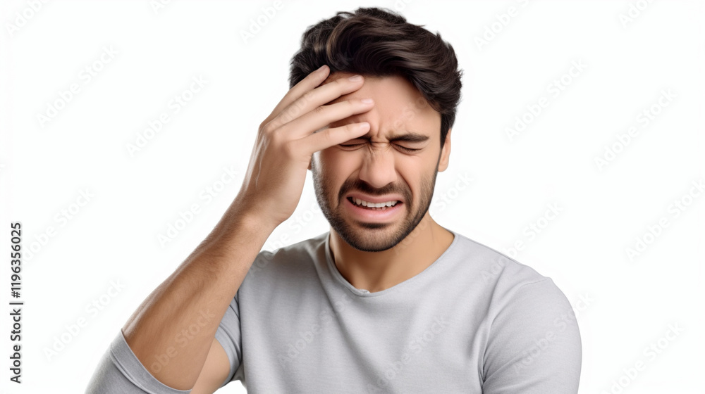 A man with his hand on his forehead, suffering from a headache A man with his hand on his forehead, suffering from a headache