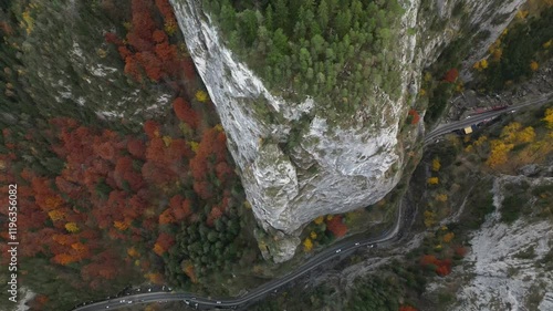 Mesmerizing aerial perspective over the narrow and spectacular pass through the Bicaz Gorges (Cheile Bicazului) in Romania photo