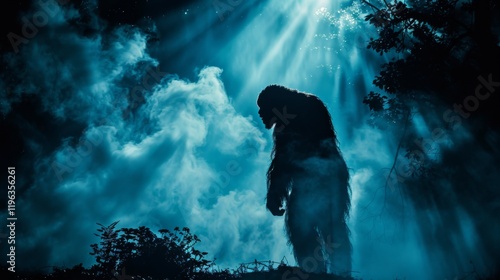 Mysterious Bigfoot Standing in Foggy Forest Illuminated by Moonlight Rays